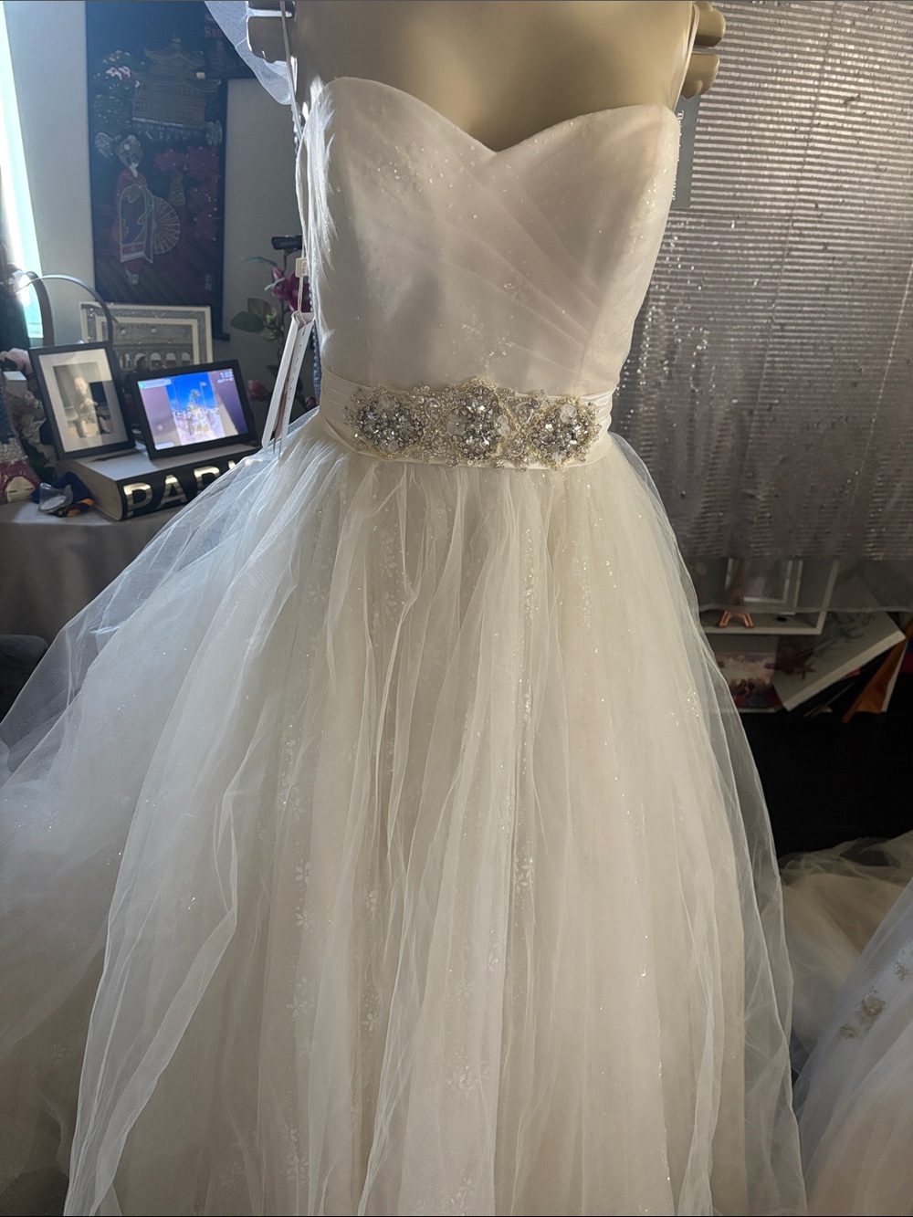 Strapless Ivory Tulle Formal Dress with Beaded Waist